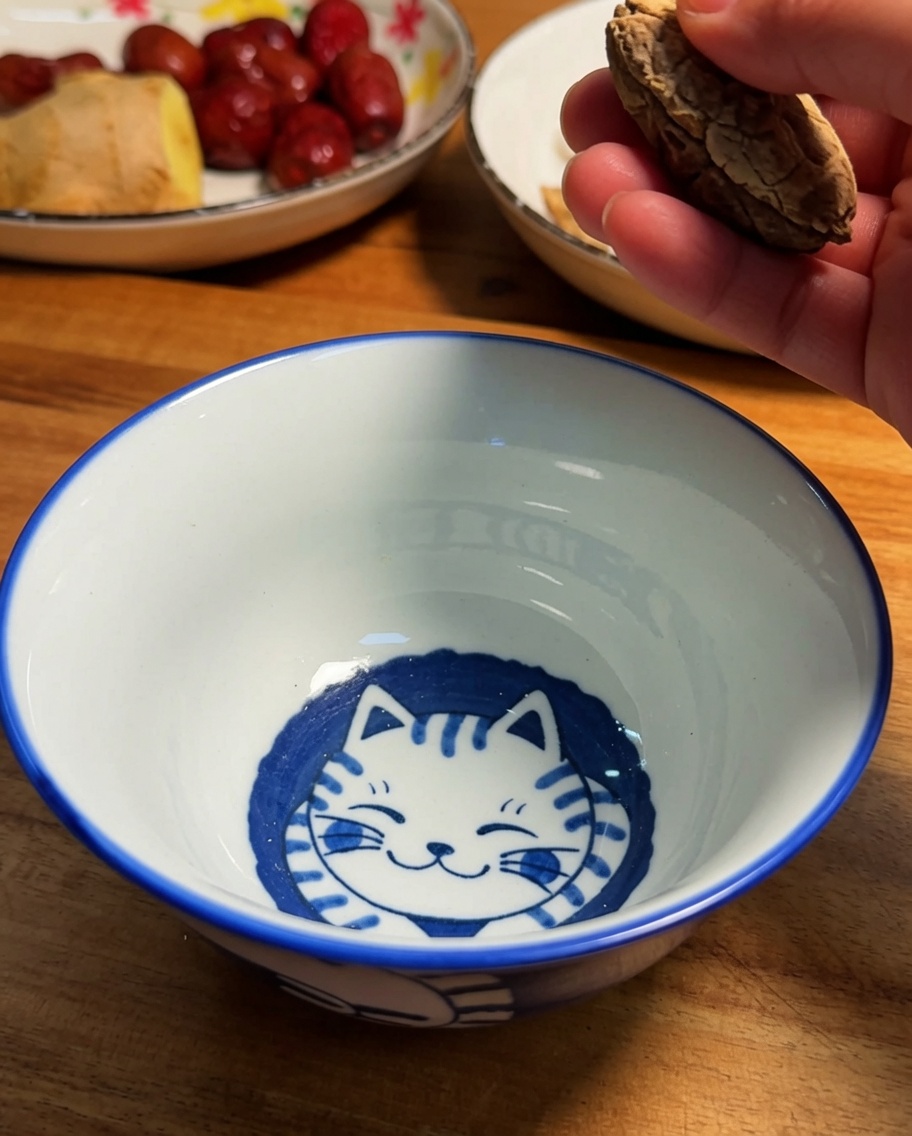 透明な水の入ったボウルで干ししいたけを戻している様子。