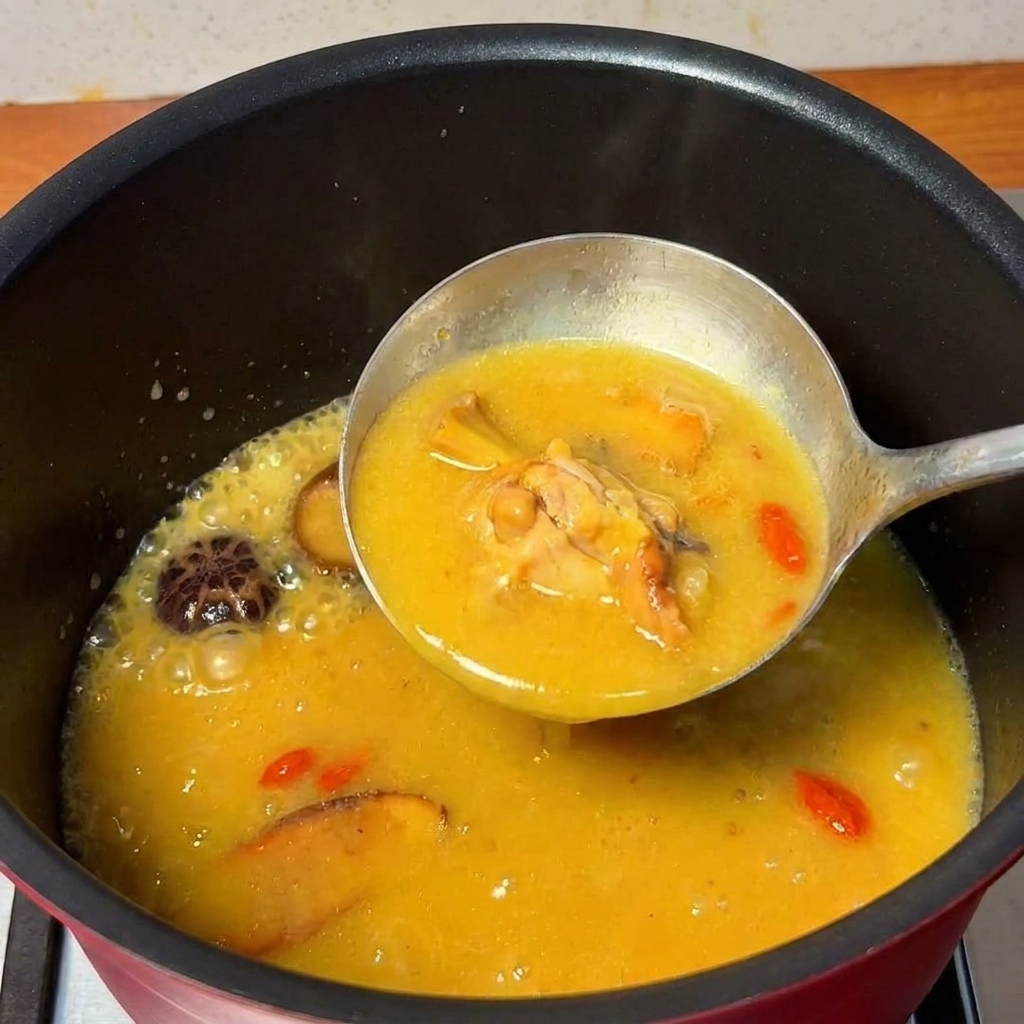 しいたけとナツメの入った黄金色の鶏肉スープを、お玉で大きめの鍋に移し替えている様子。