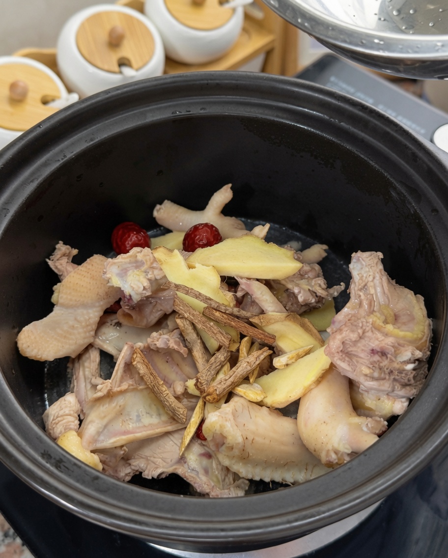 土鍋に生姜、なつめ、薬膳ハーブ、水を入れている様子。