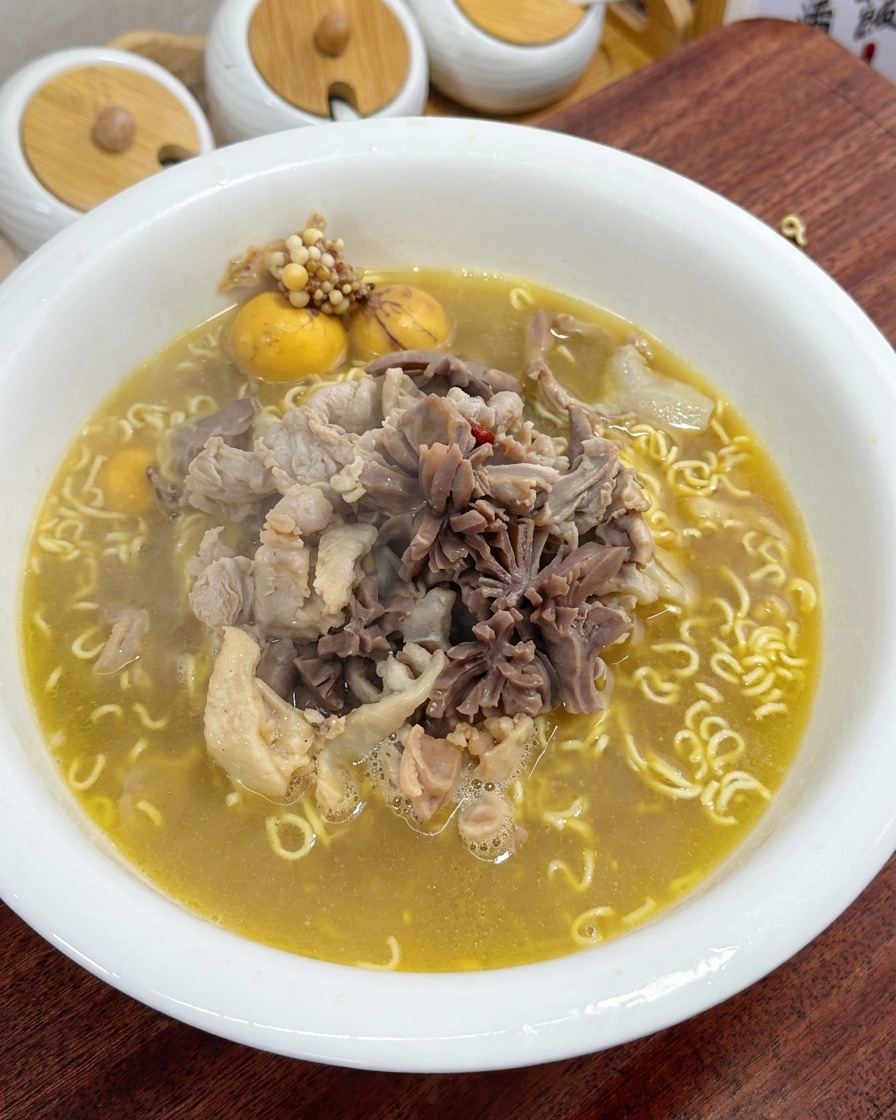 刻みねぎと赤いアクセントを添えた完成したラーメン。