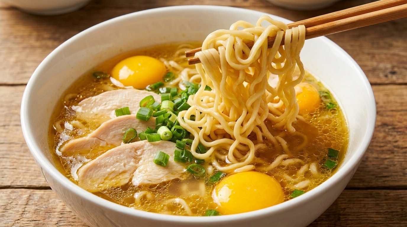 柔らかな鶏肉の薄切りと新鮮な卵黄、彩り豊かな薬味を添えた、黄金色のスープが光るこだわりのラーメン。