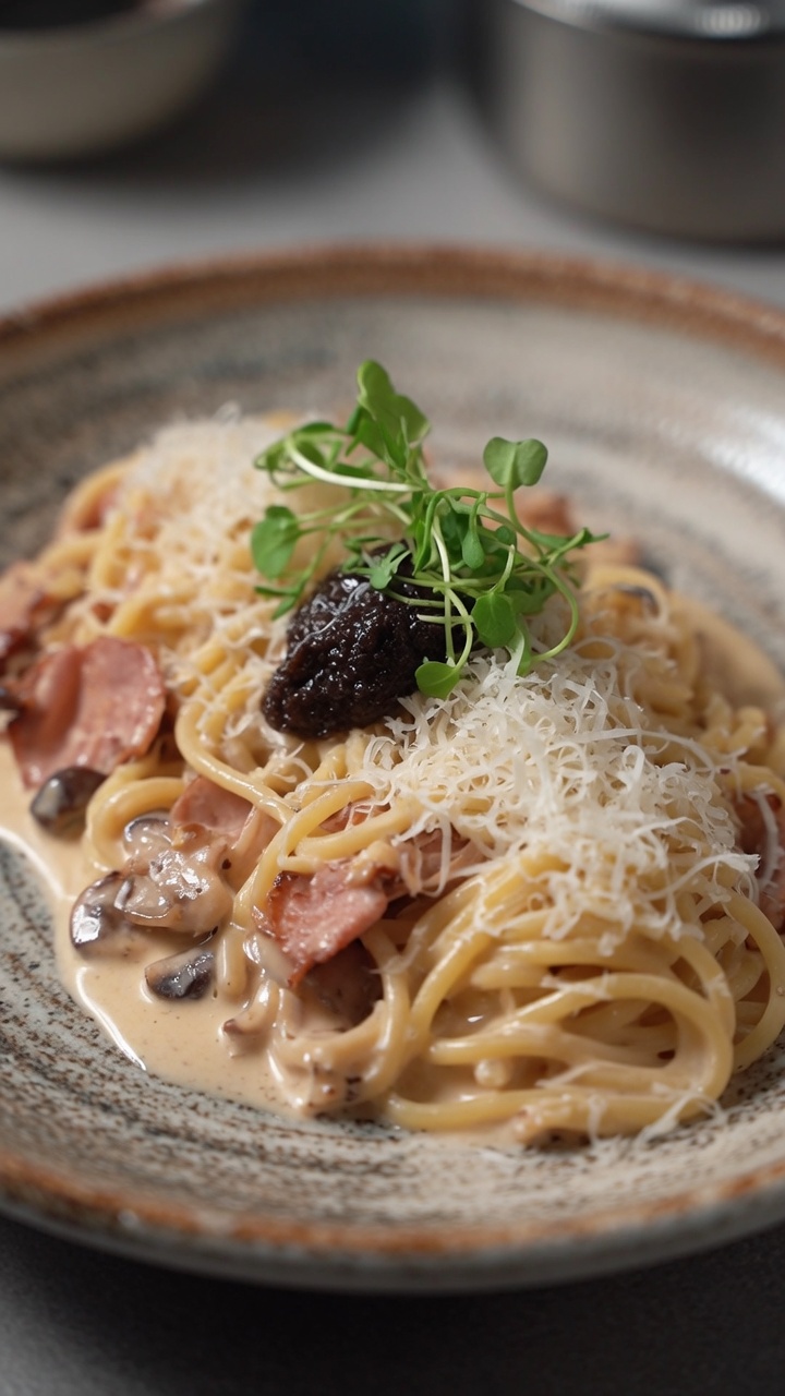 濃厚黒トリュフとベーコンのクリームパスタ