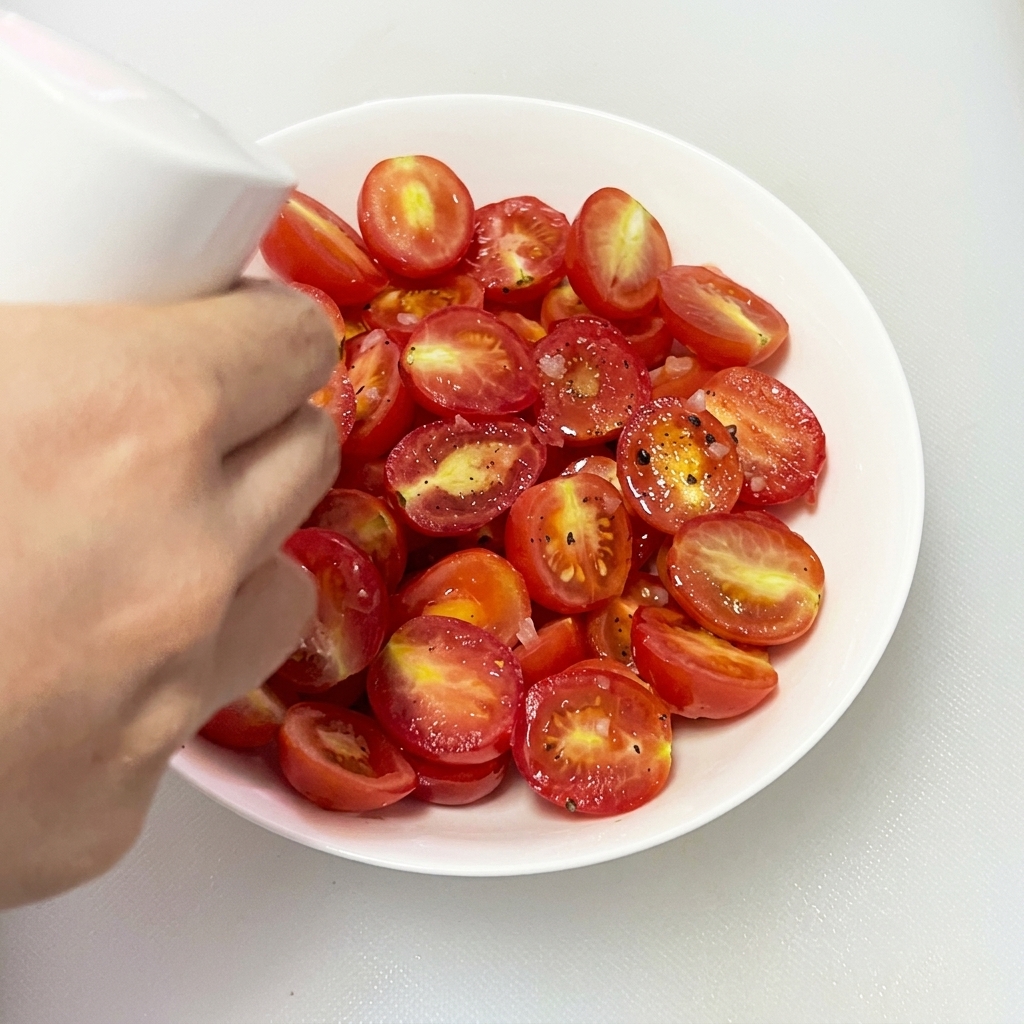 白いボウルに入ったミニトマトに、オリーブオイルを軽くかけている様子。