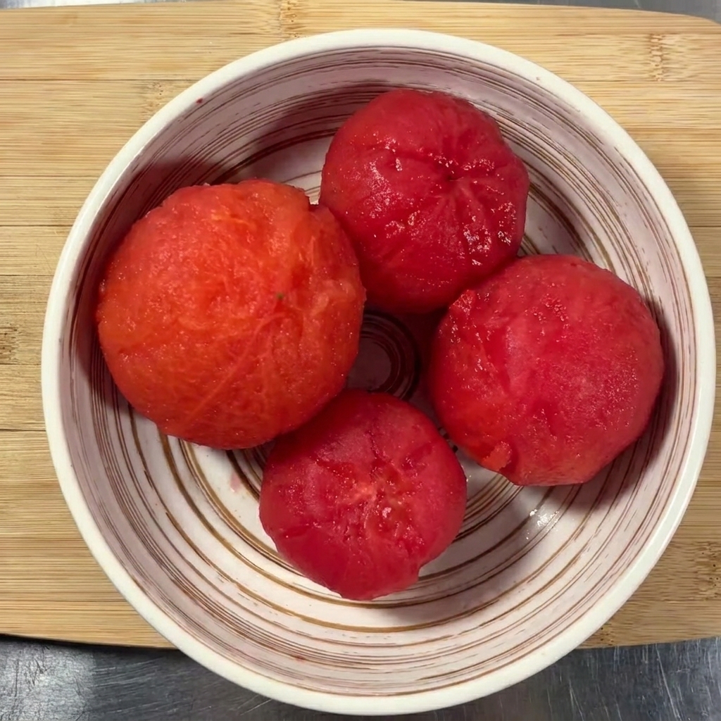 木のまな板の上に置かれた4つの湯むきトマトと、それを切ろうとしている包丁。