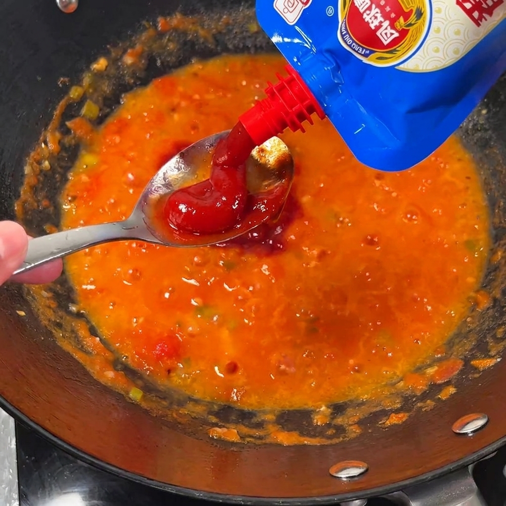 ふつふつと煮立つ中華鍋のトマトに、スプーンの上でトマトペーストを絞り出しているところ。