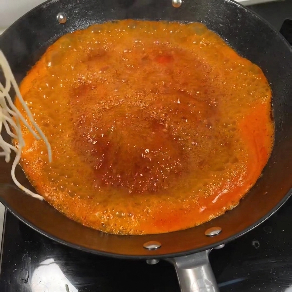 中華鍋で沸騰する鮮やかなトマトスープの中に沈む麺。