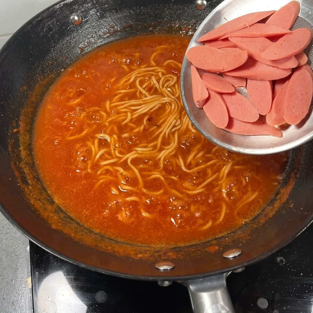 沸騰しているトマトスープ麺の鍋に、スライスしたソーセージと新鮮なチンゲン菜を加えている様子。