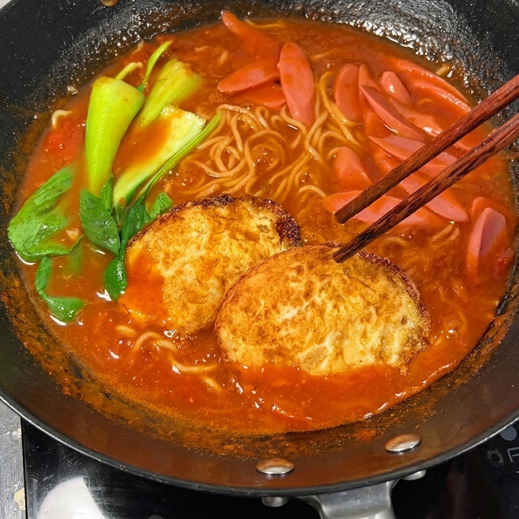 美しく彩られたトマトスープ麺の丼の上に、カリッと焼けた2つの目玉焼きがのっている様子。