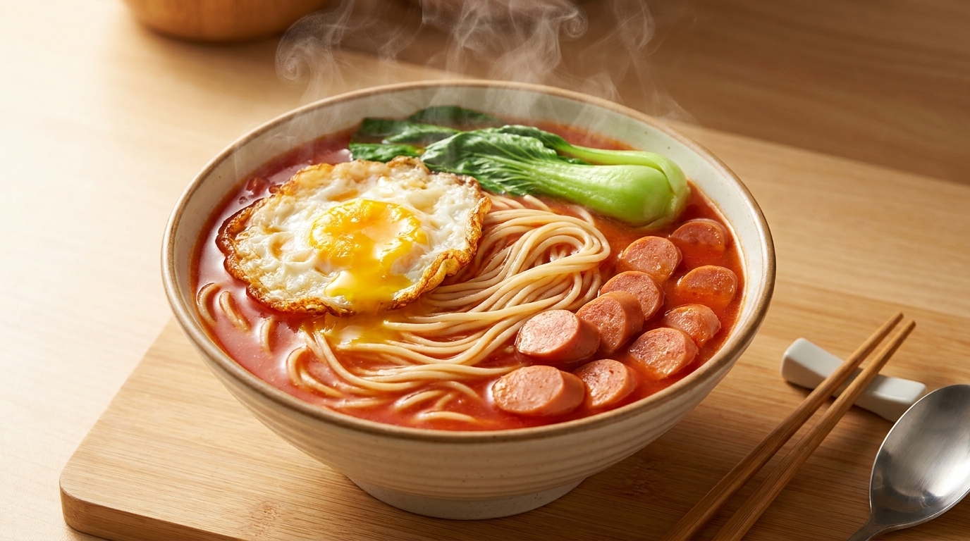 カリカリの目玉焼き、スライスしたソーセージ、新鮮なチンゲン菜をトッピングした、湯気が立ち上る鮮やかなトマトスープヌードル。
