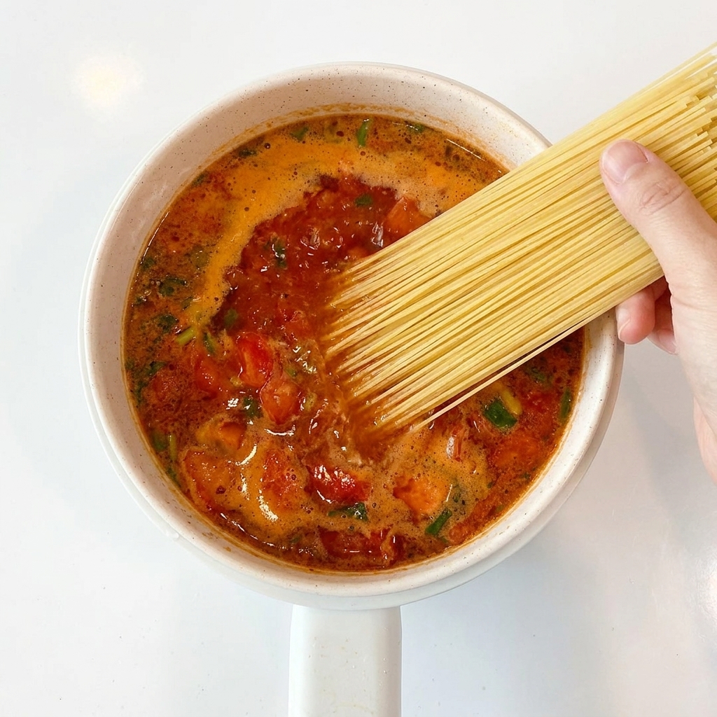 沸騰したトマトスープに麺を入れている様子。