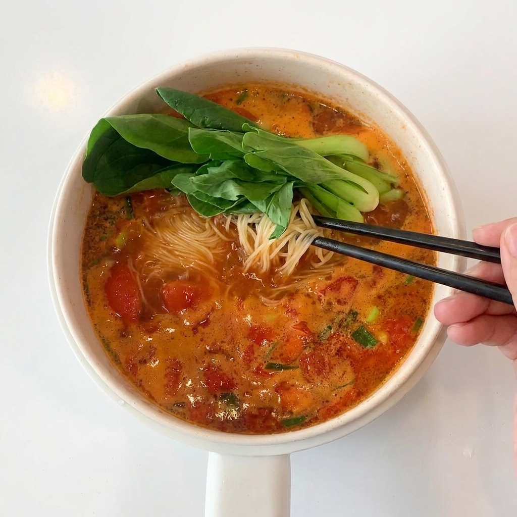 麺と青菜を一緒に煮込んでいる様子。