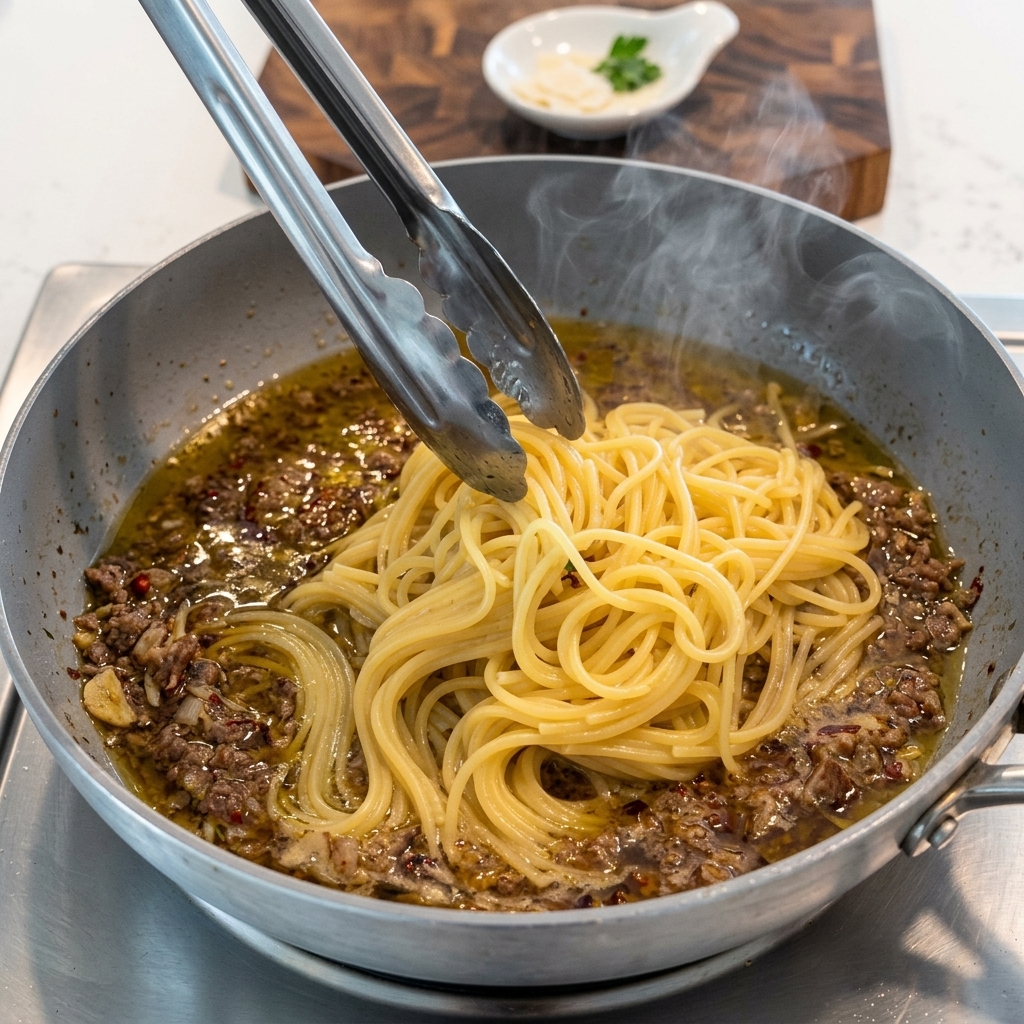 茹で上がったパスタをフライパンのソースと和えている様子