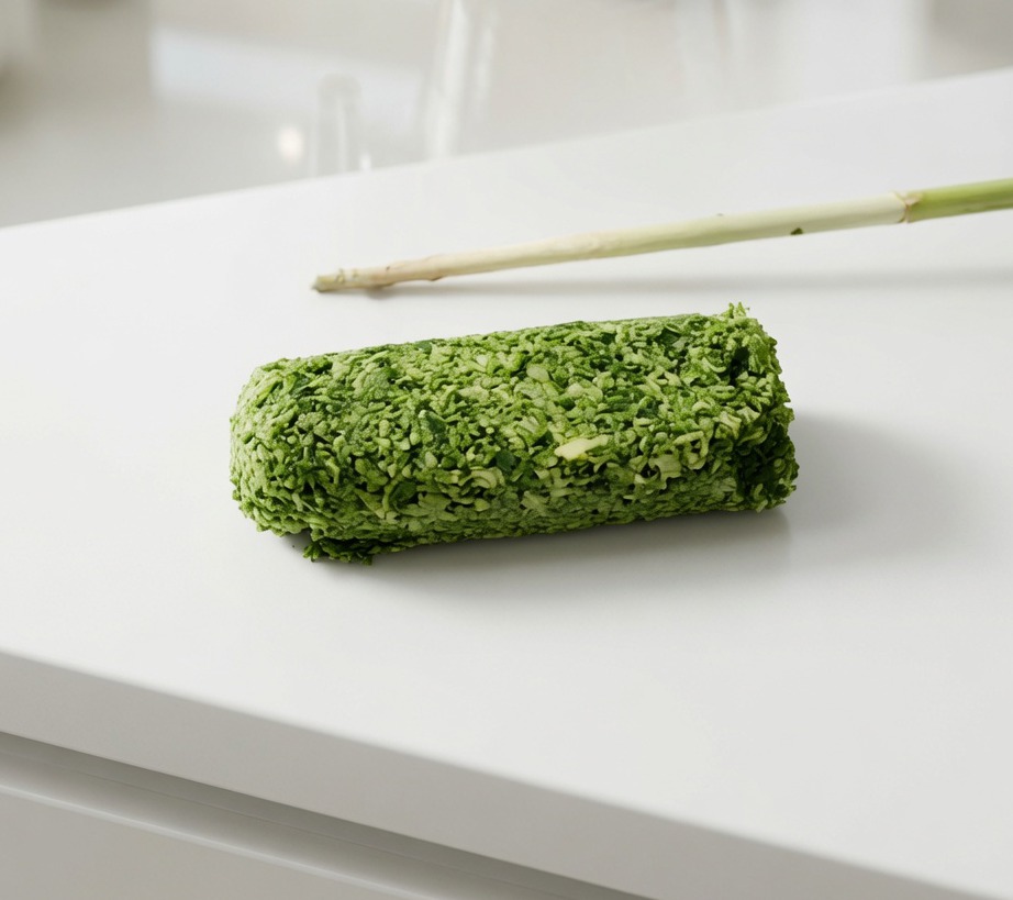 クッキングシートに包まれ、冷凍庫に入れる準備ができたガーリックハーブバターの棒状の塊。