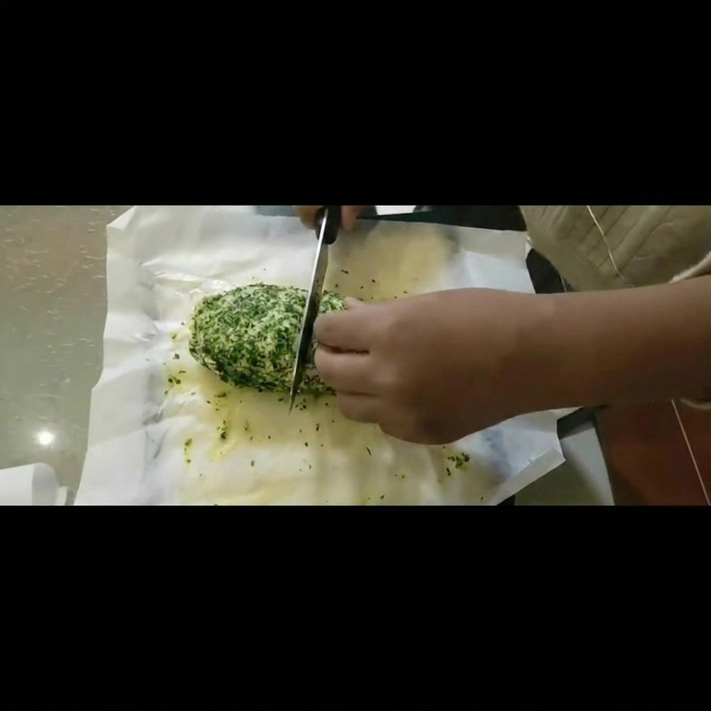 クッキングシートの上に並べられた、均等に切り分けられたガーリックハーブバター。