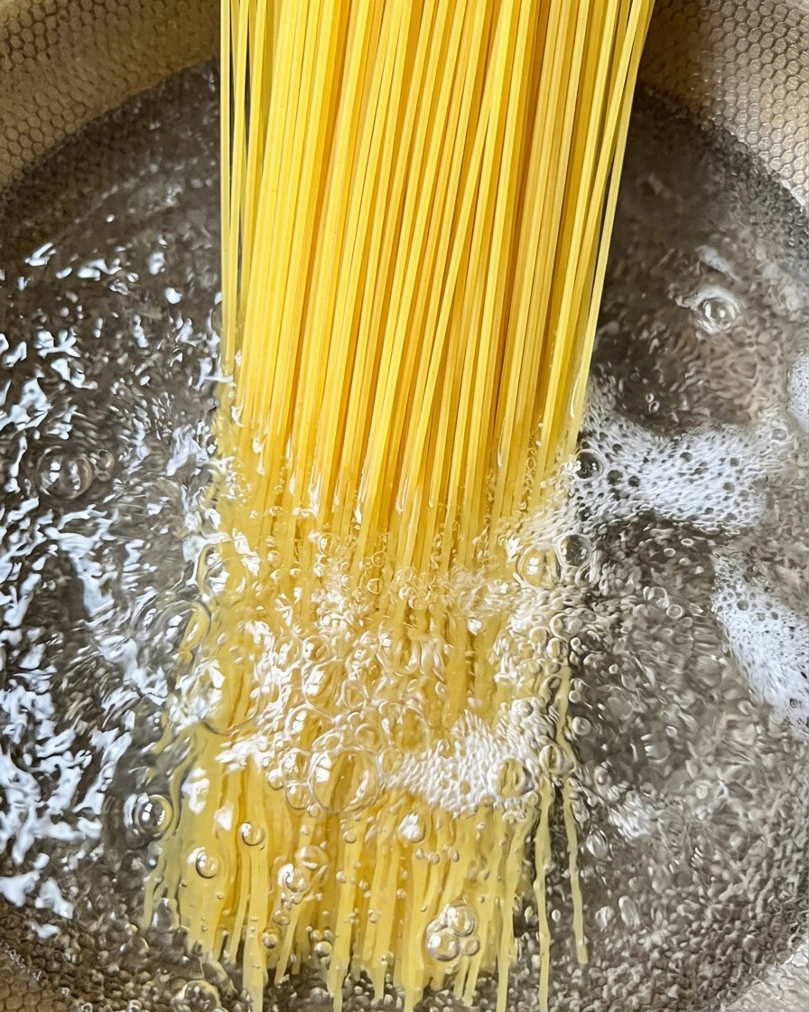 大きな鍋でゆでられている細いパスタの麺。
