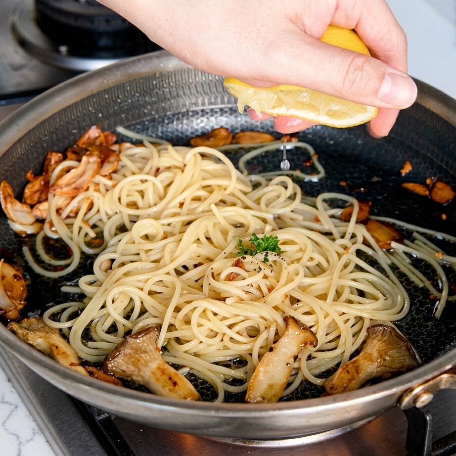 フライパンのスパゲッティの上に新鮮なレモンを絞る様子。