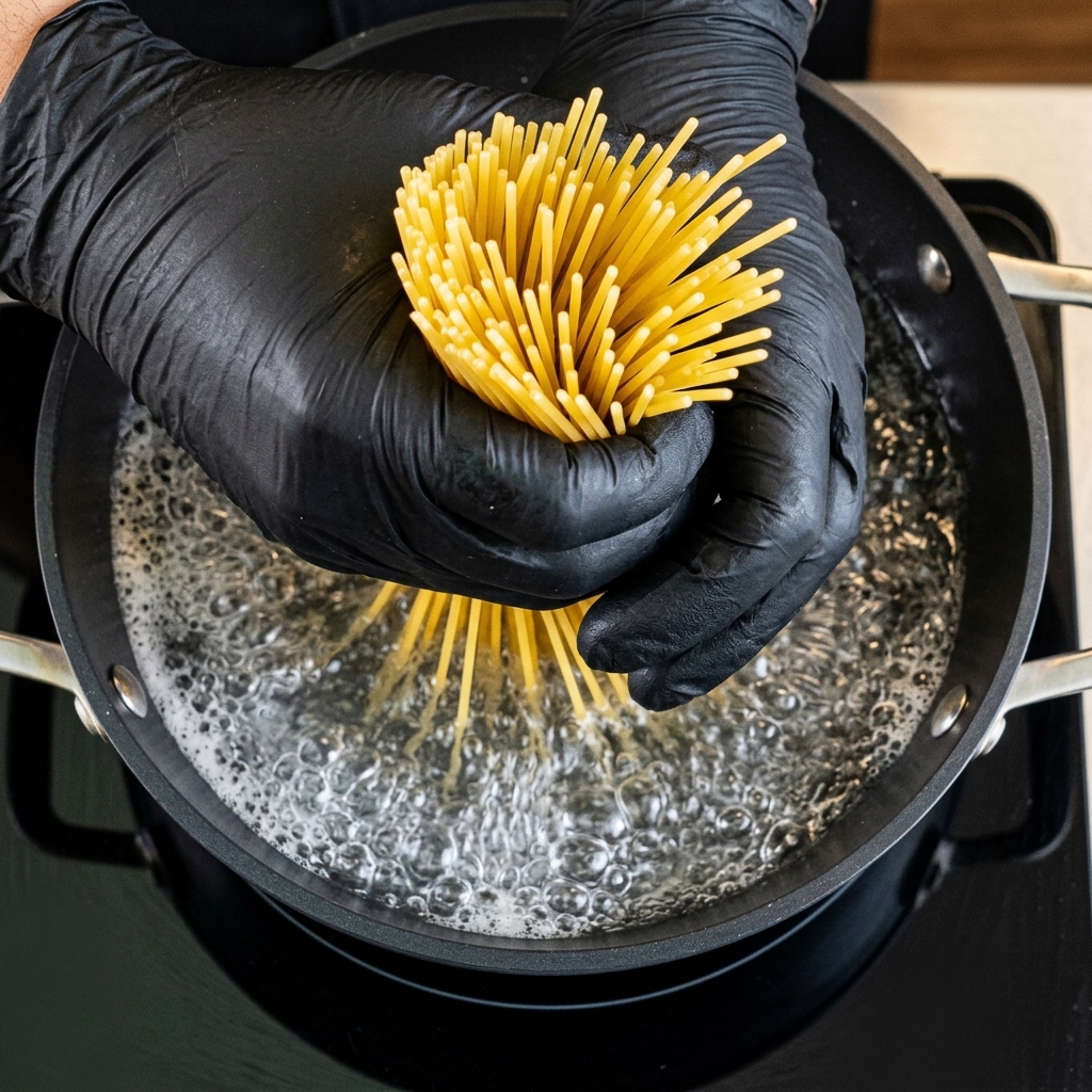 手袋をした手で乾燥スパゲッティの束を持ち、勢いよく沸騰している鍋のお湯にまっすぐ入れている様子。