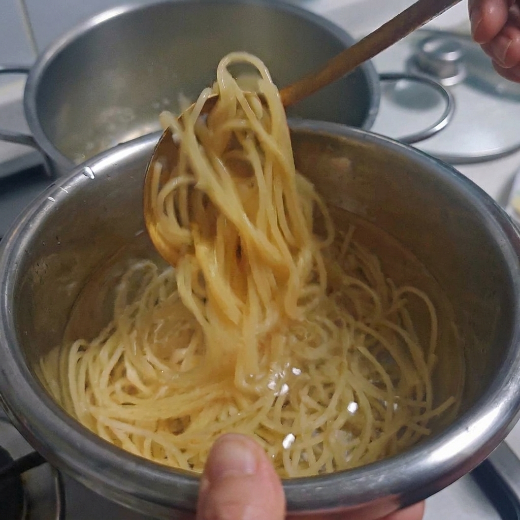 ボウルの中で冷水に浸されている茹で上がったスパゲッティ。