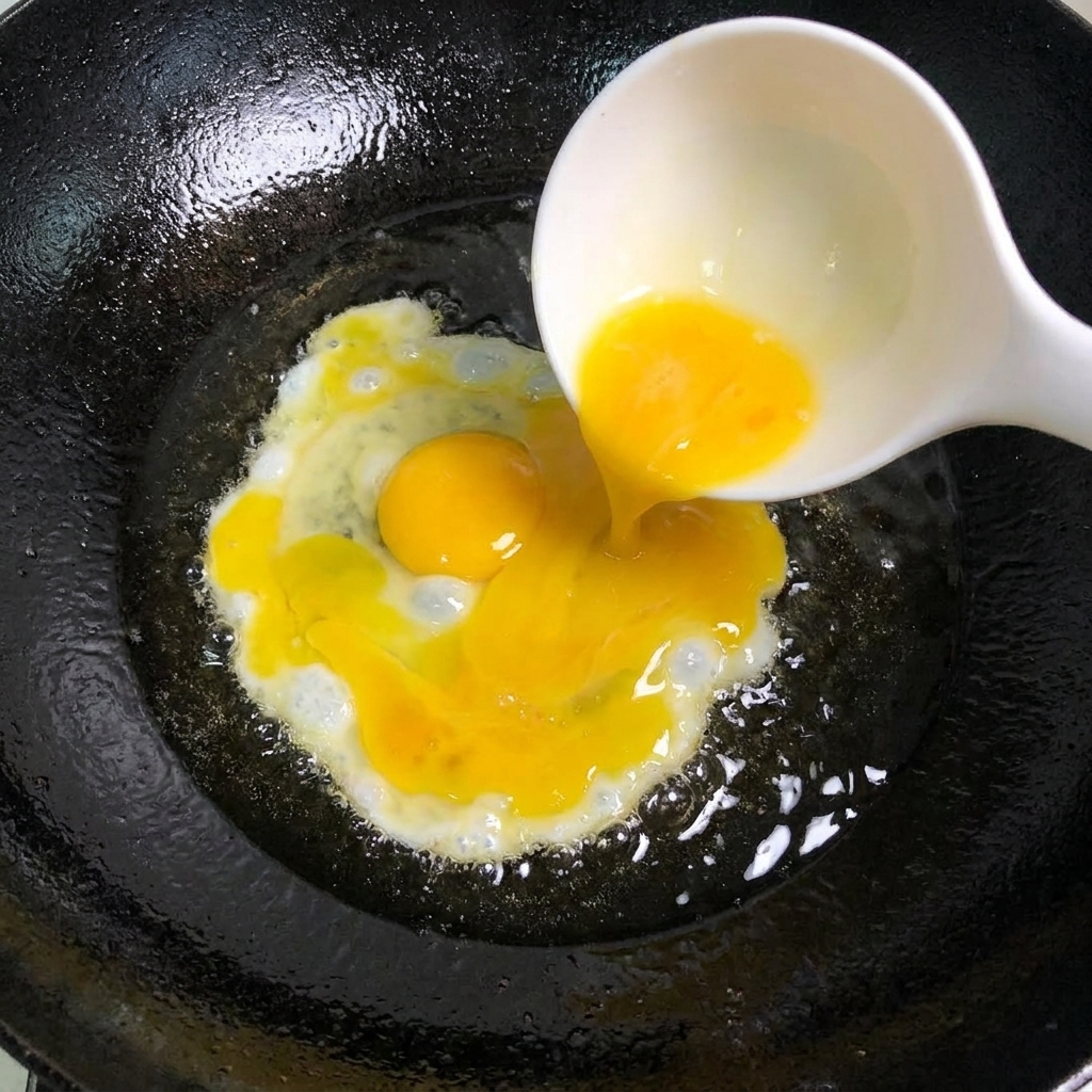 熱いフライパンで素早く炒められる卵。