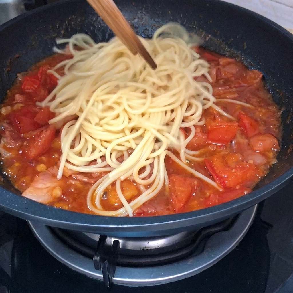 茹でたパスタをソースに加える様子。