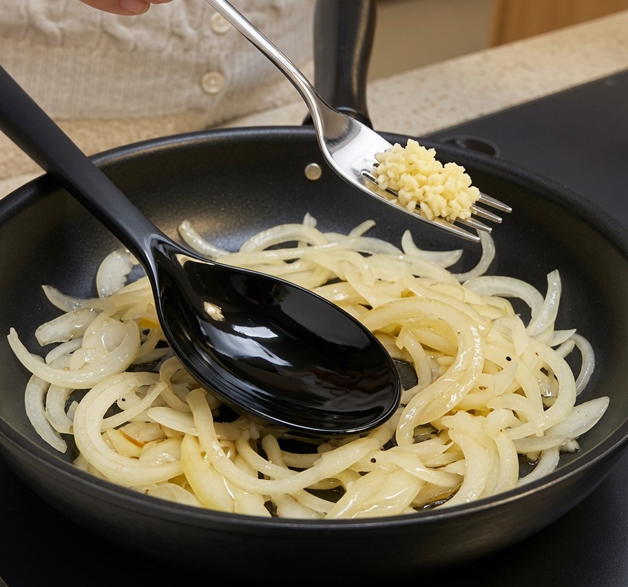 炒めた玉ねぎににんにくを加えている様子。