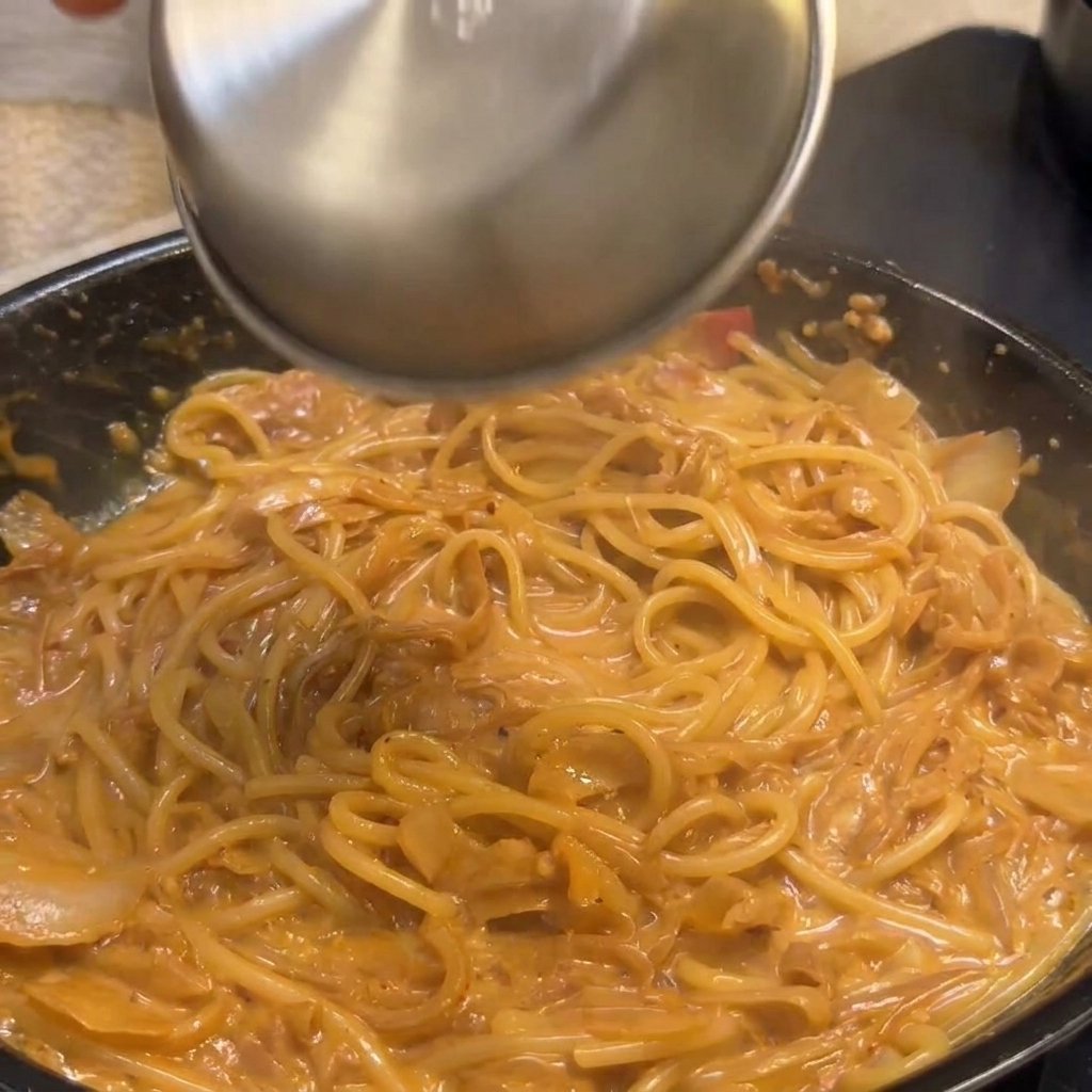 仕上げにカリカリベーコンを加えてパスタを和えている様子。