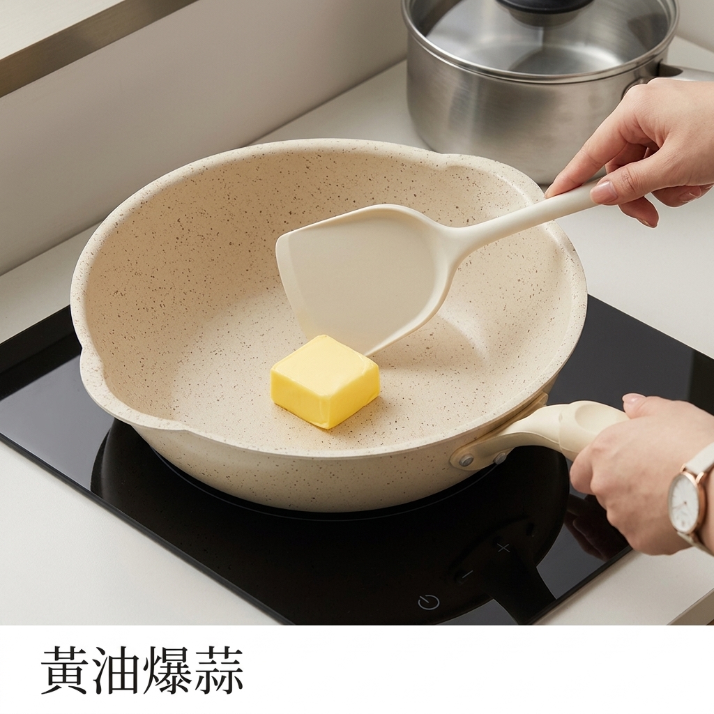 フライパンでバターを溶かし、にんにくの香りを出している様子