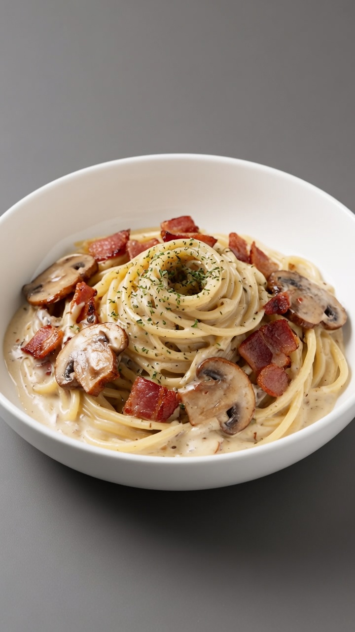 濃厚キノコとベーコンのクリームパスタ