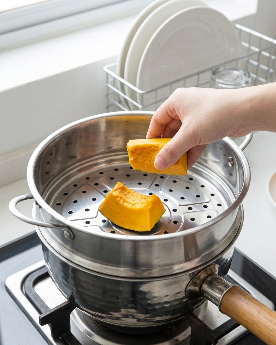 蒸し器に並べられた一口大のかぼちゃ