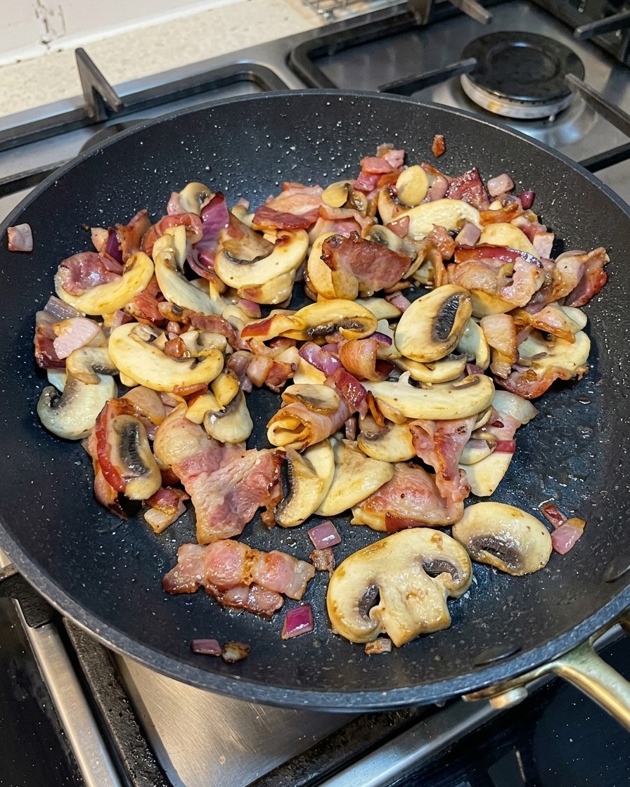 茹で上がったパスタをフライパンに投入する様子