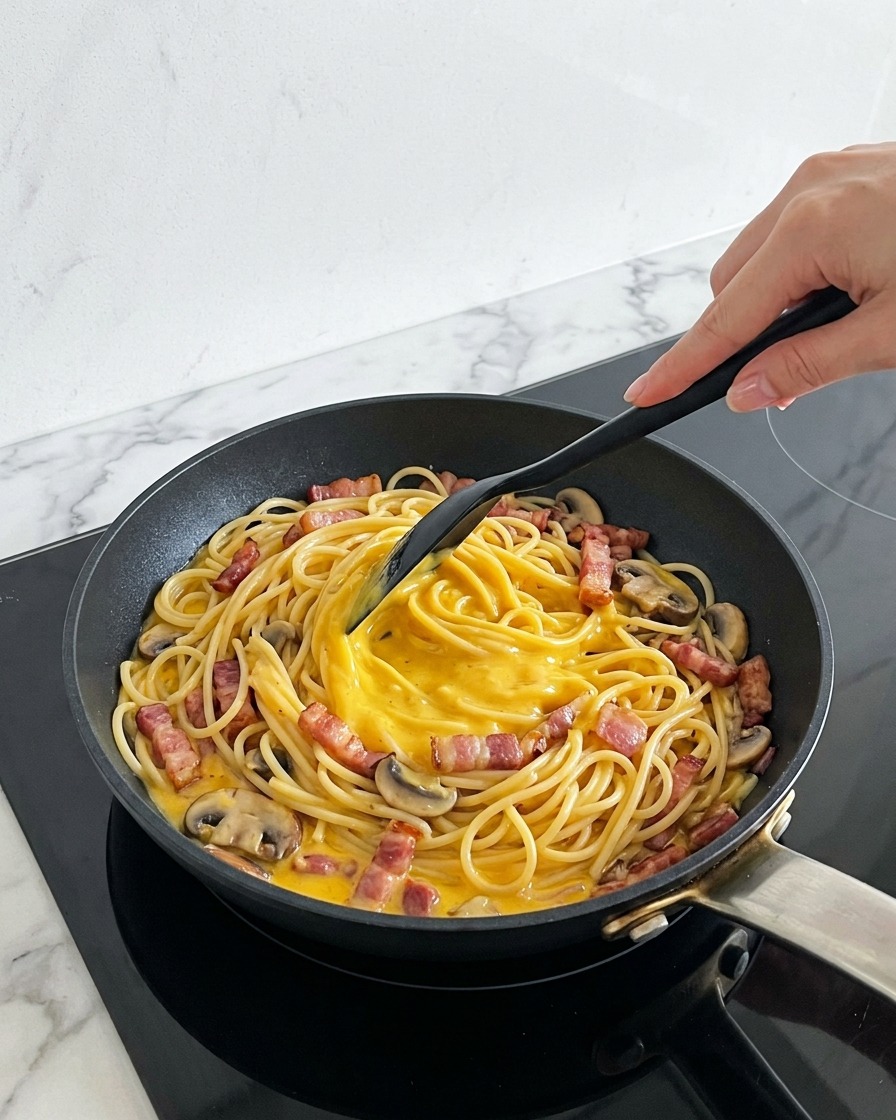 スパゲッティをお皿に盛り付けている様子