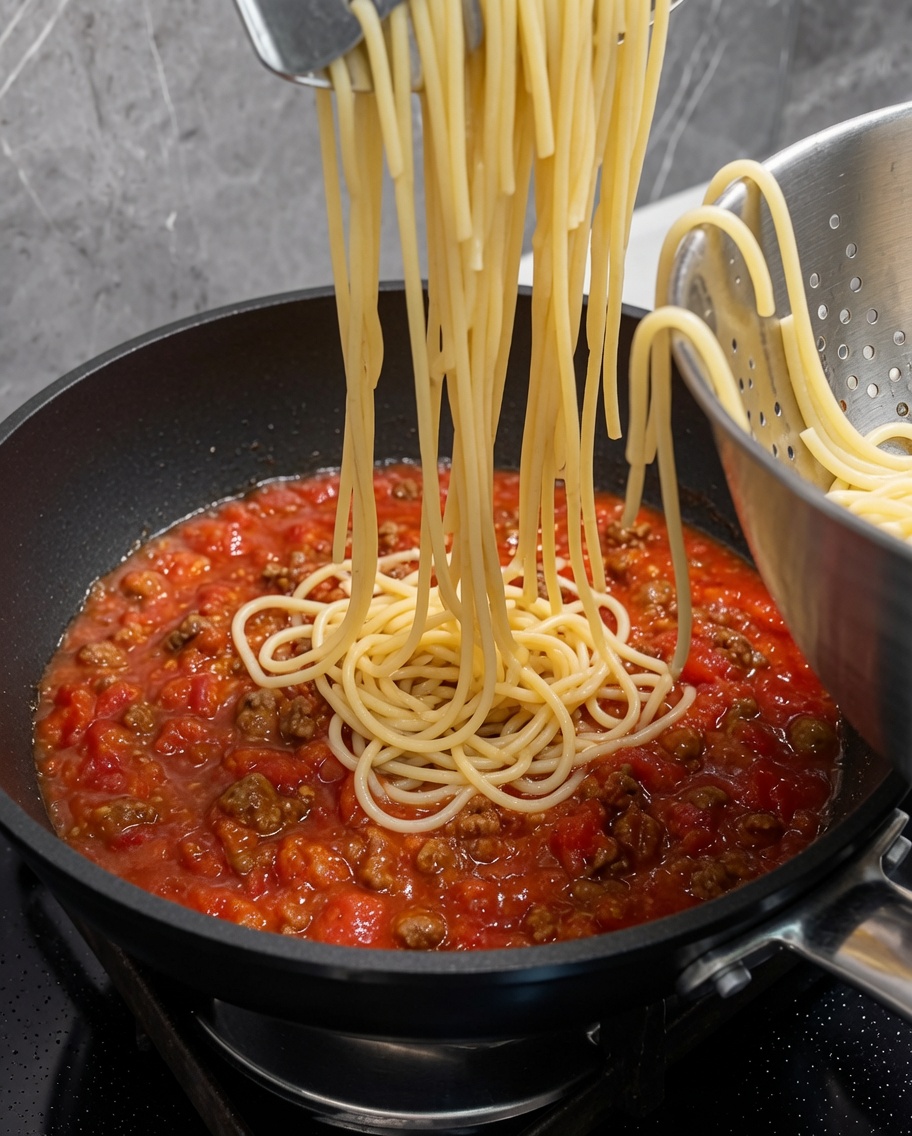 スパゲッティとソースをフライパンで合わせている様子。