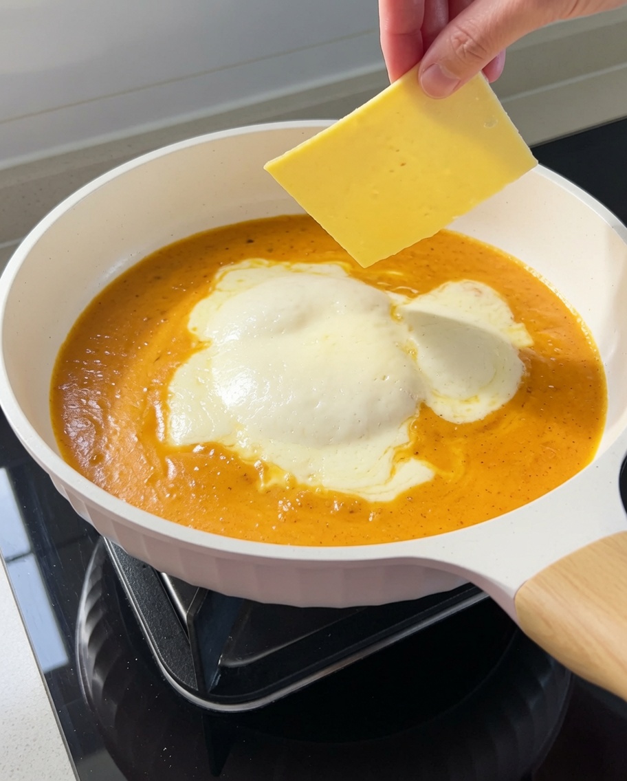 オレンジ色のクリームソースにスライスチーズが溶け込んでいる様子。