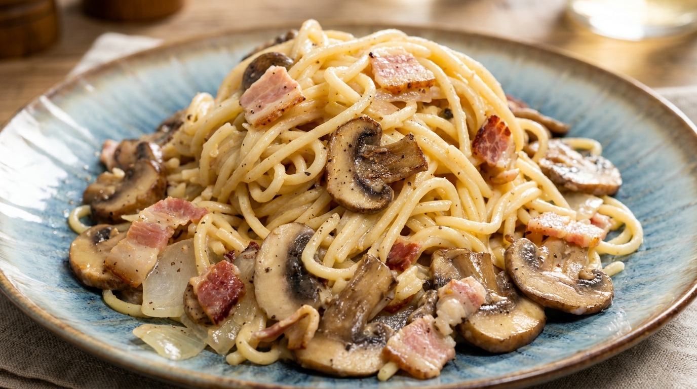 濃厚ベーコンとキノコのクリームパスタ