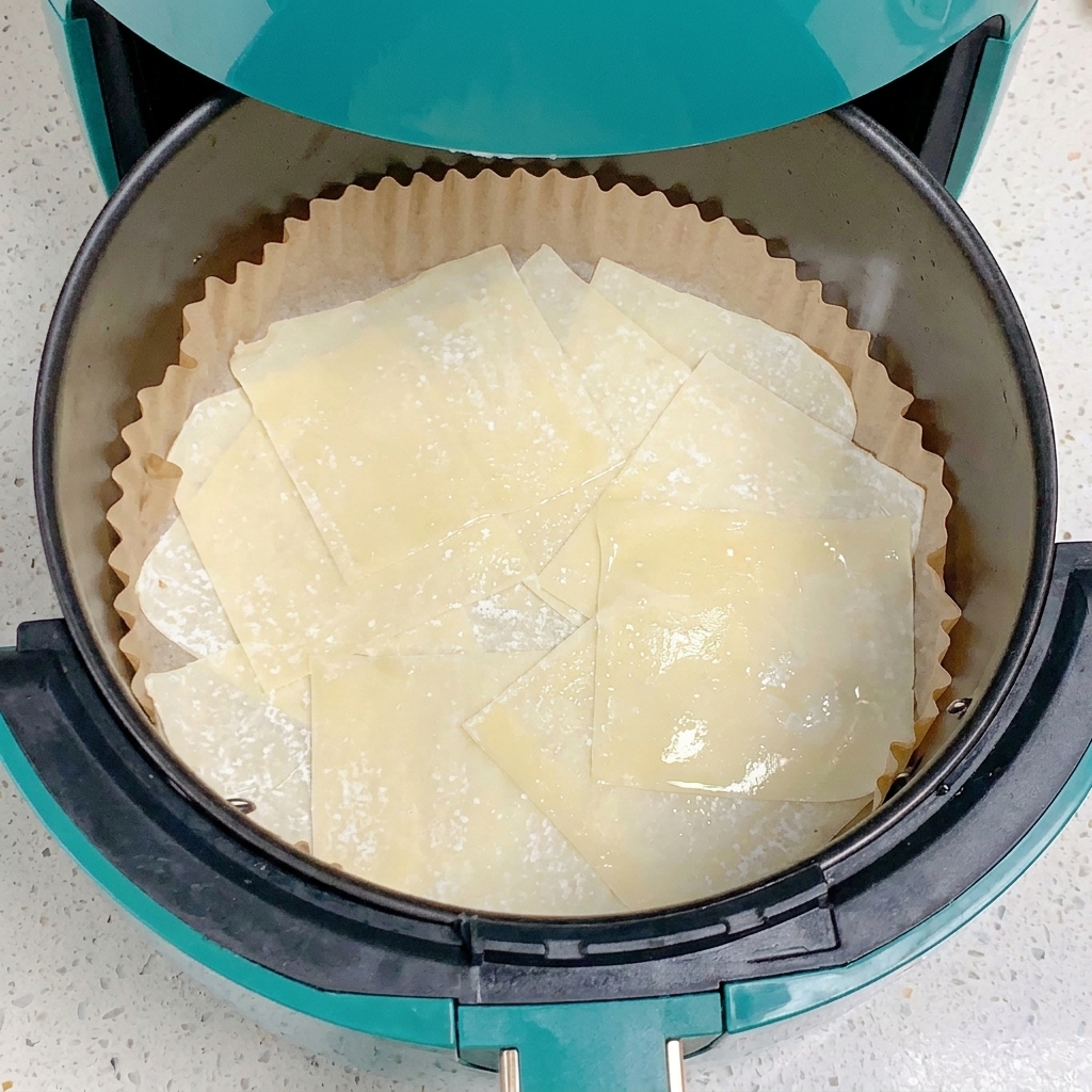 エアフライヤー内のワンタンの皮にオイルスプレーをかけている様子。