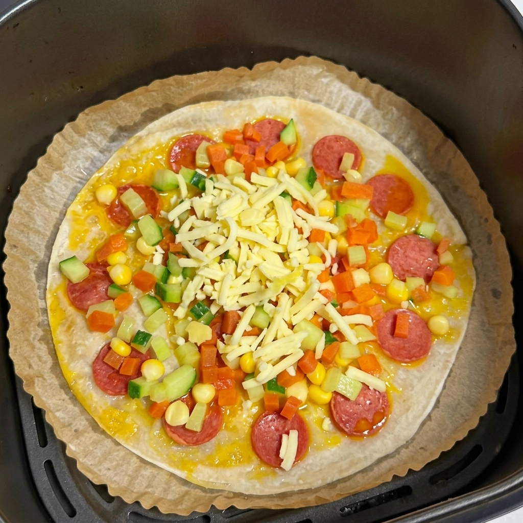 野菜をのせ、たっぷりのチーズで覆われた焼く直前の葱油餅ピザ。