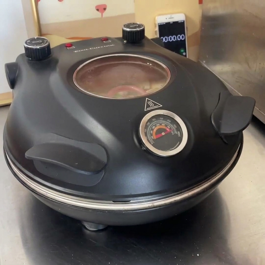 ステンレスの台の上に置かれた、温度計付きで蓋が閉まった状態の黒い卓上ピザオーブン。