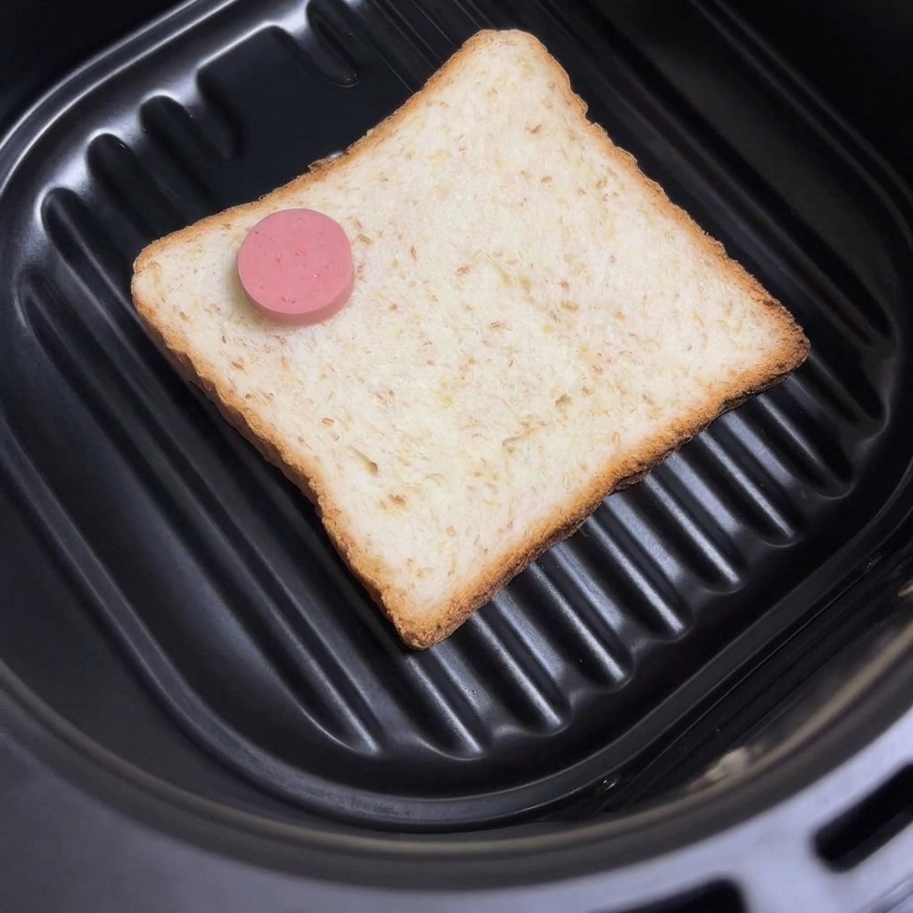 スライスしたソーセージを食パンの上に並べている様子。