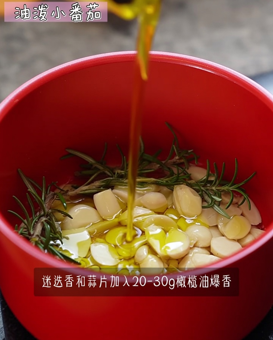 赤い鍋でローズマリー、にんにく、オリーブオイルを熱する様子。