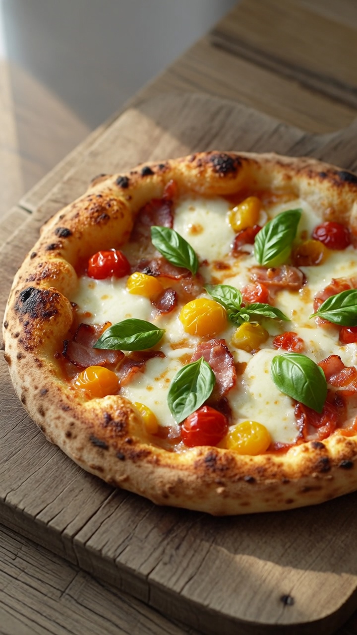 ジューシーなチェリートマト、カリカリのベーコン、とろけるモッツァレラチーズを乗せた、焼きたての自家製ピザ。