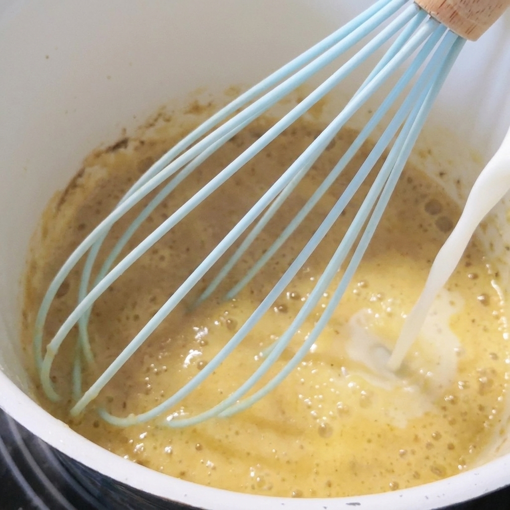ルーに牛乳を注ぎながら混ぜている様子