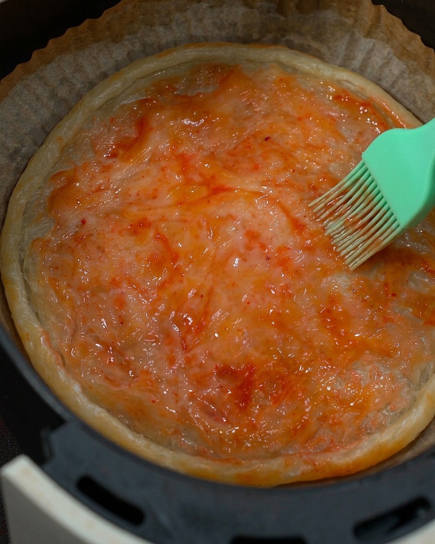 下焼きしてきつね色になったクラストの表面に、緑色のシリコンブラシで鮮やかな赤いトマトソースを塗っている様子。