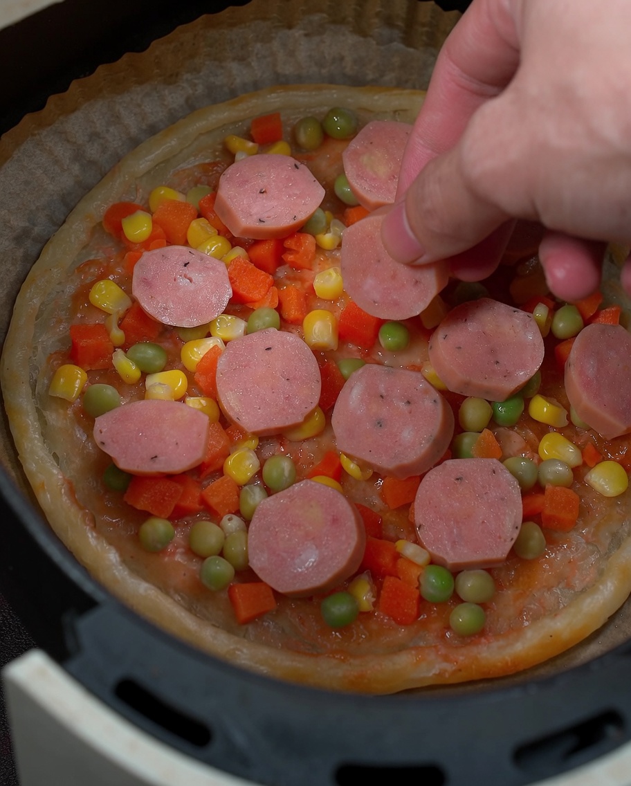 野菜をのせたピザ生地の上に、スライスしたピンク色のソーセージを並べている様子。