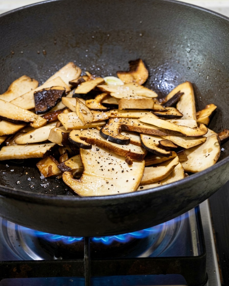 熱したフライパンで、ニンニクや調味料と一緒に炒められているスライスしたキノコ。
