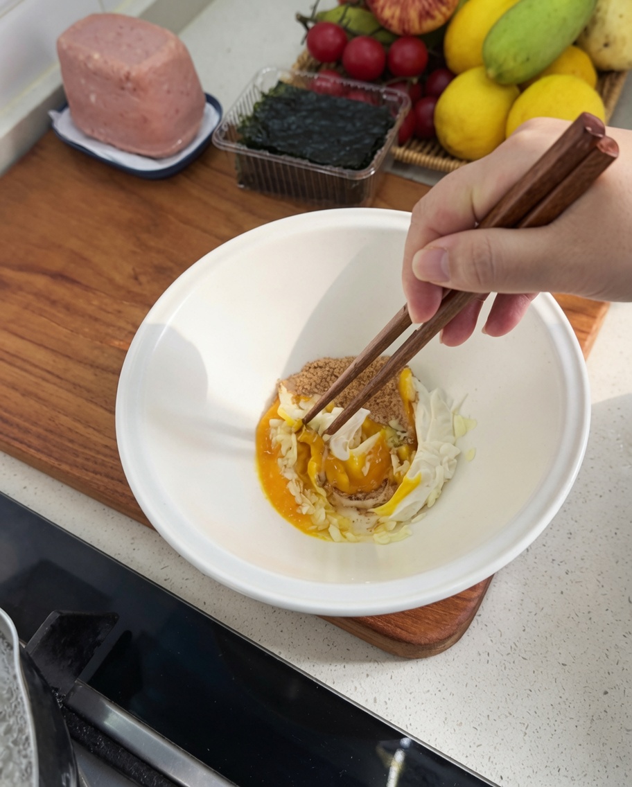 白いどんぶりの中で、箸を使ってにんにく、卵黄、粉末スープ、マヨネーズをかき混ぜている様子。