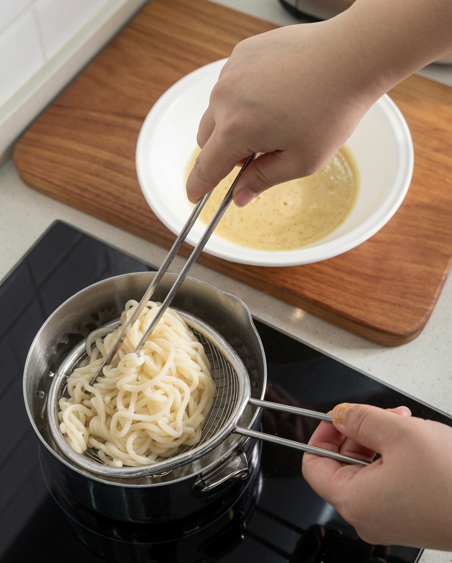茹で上がったラーメンの麺をざるで湯切りし、スープの入ったどんぶりに移している様子。