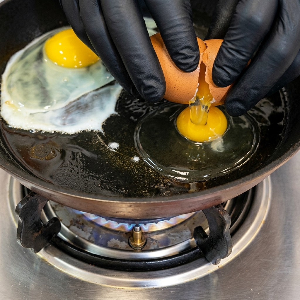 手袋をした手が、熱した油をひいたフライパンに2つの生卵を並べて割り入れる様子。