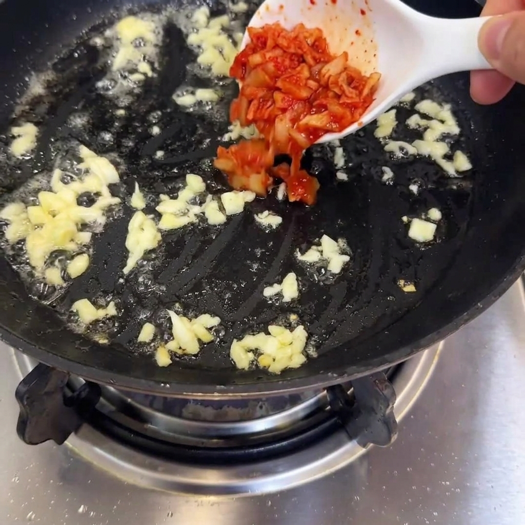 きつね色に炒めたにんにくが入ったフライパンに、キムチを加えている様子。