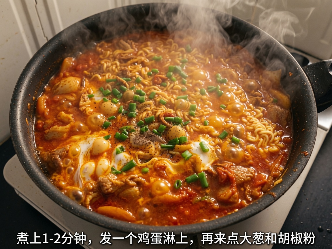 完成した豚キムチラーメンにネギと黒胡椒をトッピングした様子。
