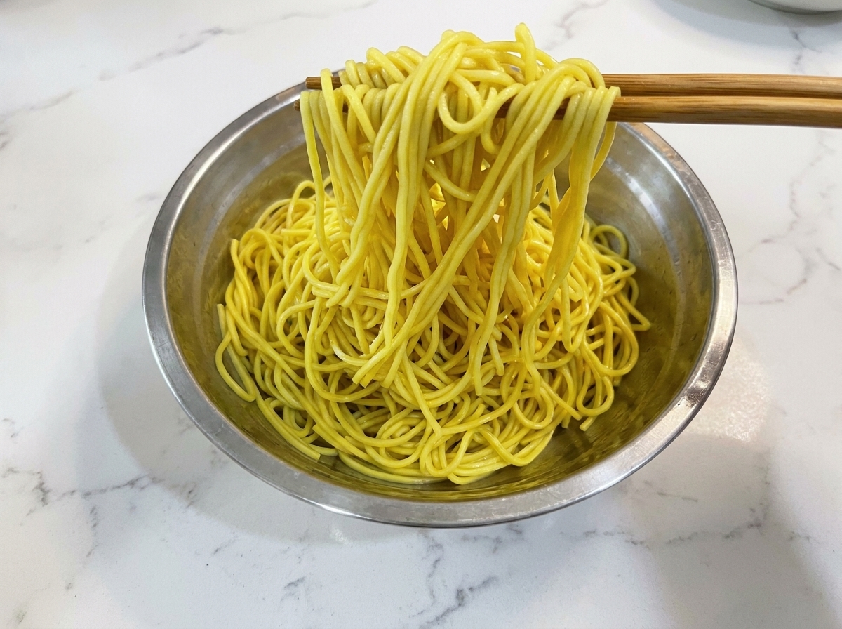 フライパンに麺を入れ、ベーコンや野菜と混ぜ合わせている様子。